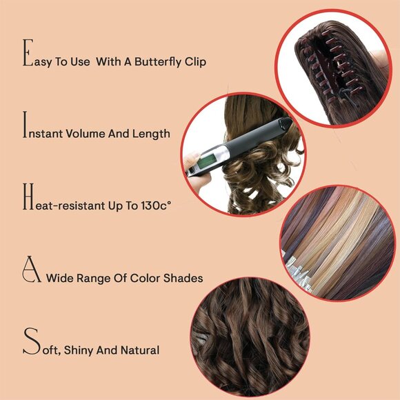 2 In 1 Ponytail Hairpiece Synthetic Brown Wavy 12/14 Inch Clip Extension - Picture 5 of 9